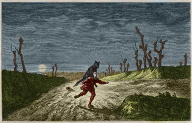 El hombre lobo - grabado después de una pintura de Maurice Sand. Grabado de 1857