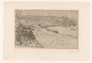 Paisaje con casas y agua con veleros amarrados