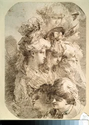 Estudio de ocho cabezas. (Estudios de ocho cabezas). Dibujo de Mauro Gandolfi (1764-1834). arte italiano. Lápiz y tinta china marrón sobre papel. Museo Pushkin, Moscú