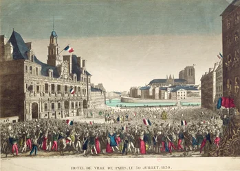 La llegada del Duque de Orleans al Hotel de Ville, 31 de julio de 1830, grabado por Cropin