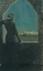 Joven coronado, mirando a lo lejos desde una antigua ruina