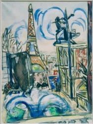 Vista del recinto de la Exposición Universal en construcción con la Torre Eiffel