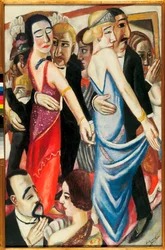 Bailando en Baden Baden (Alemania). Descripción de parejas en traje de noche, con miradas tristes. Pintura de Max Beckmann (1884-1950), óleo sobre lienzo.