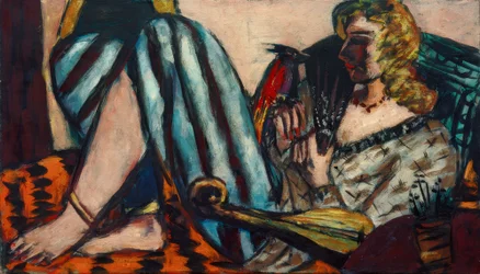 Mujer con gallo rojo