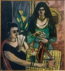 Muchacha de negro sobre verde