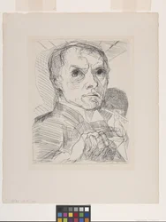 Autorretrato con lápiz óptico (Selbstbildnis Mit Griffel) (punta seca sobre papel verjurado en blanco hueso)