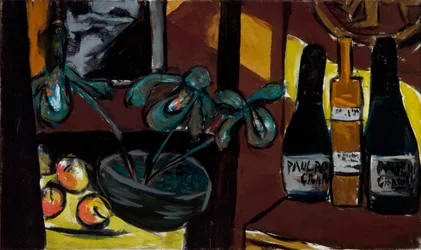 Bodegón en marrón y amarillo (Botellas de champán y orquídeas)