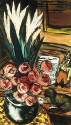 Naturaleza muerta con rosas rojas y Butchy; Stillben mit Roten Rosen und Butchy