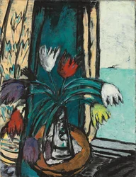 Bodegón con tulipanes y vista al mar