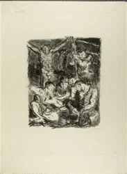 Lanzando dados ante la cruz, lámina seis de Sechs Lithographien zum Neuen Testament