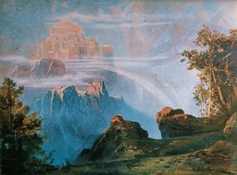 Alemania, Bayreuth, Walhalla, telón de fondo para el diseño escénico del Anillo del Nibelungo de Richard Wagner (1813-1883)
