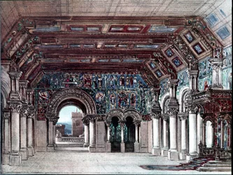 Escenario para la ópera Tannhäuser de Richard Wagner. Escenografía de Bruckner 1891. Bayreuth, Museo Wagner