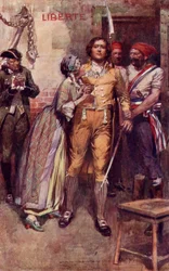Lucy se despide de Sydney Carton, fragmento de "Historia de dos ciudades" de Charles Dickens (litografía en color)