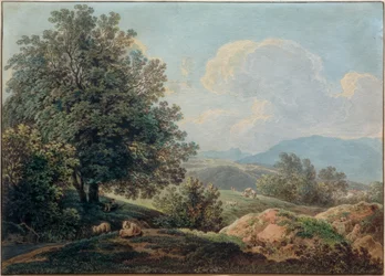 Paisaje prealpino con pastor durmiendo