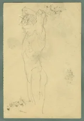 Hombre semidesnudo, mano izquierda sobre rodilla izquierda