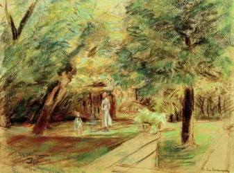 Nieta con niñera frente a los jardines de setos