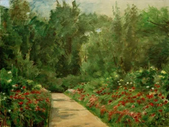 Camas de jardín con camino y flores