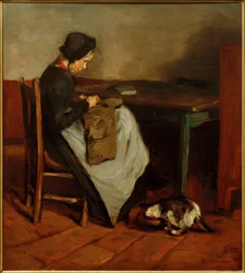 Niña cosiendo con gato - Interior holandés