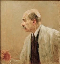 Autorretrato con bata de pintor, de perfil hacia la izquierda