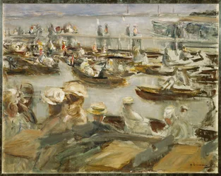 Atardecer de verano en el río Alster, Hamburgo, Alemania (pintura sobre lienzo)