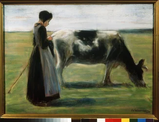 ""Una niña con una vaca"" (Niña con vaca) Pintura al pastel de Max Liebermann (1847-1935) Museo Pushkin, Moscú
