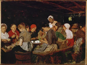 Mujeres en una fábrica de conservas (óleo sobre madera de caoba)
