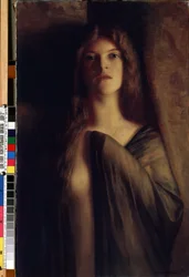Retrato de una mujer joven"" (Retrato de una niña) Niña de expresión triste y sombría, vestida con un velo transparente. Pintura de Max Nonnenbruch (1857-1922) (arte nuevo) Óleo sobre lienzo. Museo de Bellas Artes Mikalojus Konstantinas Ciurlionis, Kaun