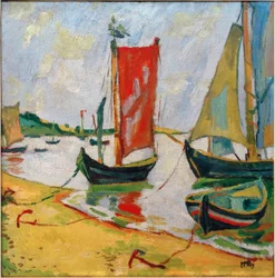 En la costa del lago Curlandia, escena costera con barcos pesqueros.