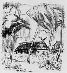 Granja detrás de abedules