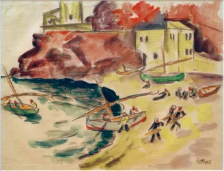 Bahía portuaria con pescadores