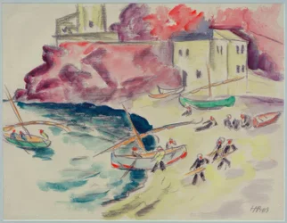 Bahía portuaria con pescadores