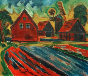 Casas rojas con molino de viento