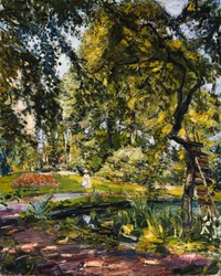 Jardín en Godrammstein con un árbol torcido y estanque