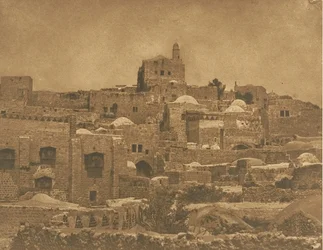 Vista de la Mezquita de El-Melouyeh y un barrio de Jerusalén, agosto de 1850