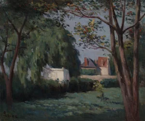 Escena campestre con tres casas y árboles