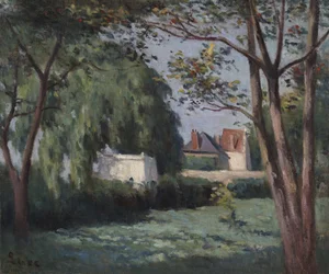 Escena Campestre con Tres Casas y Árboles