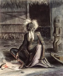 Viejo de Tahití sentado cerca de un Tiki, c.1841-48