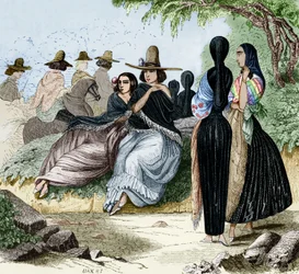Mujeres de Lima en Perú, grabado del viaje de Radiguet en Lima en la década de 1840, documento coloreado