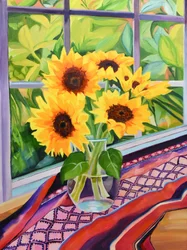 Vista de la ventana con girasoles radiantes