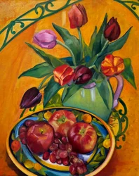 Frutas y flores en estilo pictórico