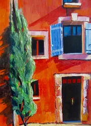 Casa roja con contraventanas azules