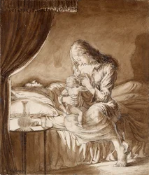 Escena Nocturna - Mujer alimentando a su Hijo, c. 1900s