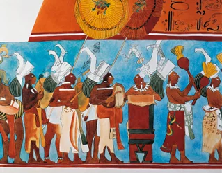 Reconstrucción de los frescos de Bonampak que muestran una procesión de músicos