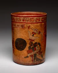 Vasija cilíndrica con escena de juego de pelota, Período Clásico Tardío, c.682-701 (cerámica)
