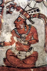 Guerrero maya. Cerámica policromada, arte maya, siglo VII. Museo Nacional de Arqueología y Etnología de Tikal (Guatemala)