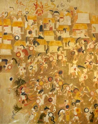 Reconstrucción de una pintura maya de Chichén Itzá (Yucatán, México) que representa una escena de batalla. Civilización Maya.