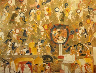Reconstrucción de una pintura maya de Chichén Itzá (Yucatán, México) que representa una escena de batalla. Civilización maya.