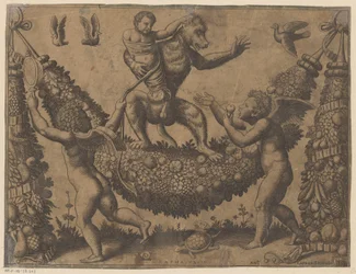 Putti burlándose de un mono Tapices del Papa (título de la serie) Tapezzerie de Papa (título de la serie)
