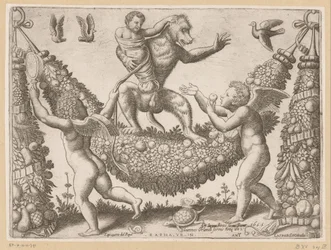 Putti burlándose de un mono Tapices del Papa (título de la serie) Tapezzerie de Papa (título de la serie sobre el objeto)