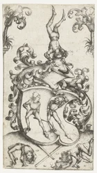 Escudo de armas con acróbatas y espadachines